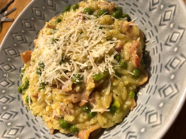 good mood food: orzo bacon and peas