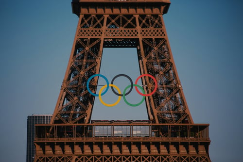 The Olympic logo on the Eiffel Tower in Paris